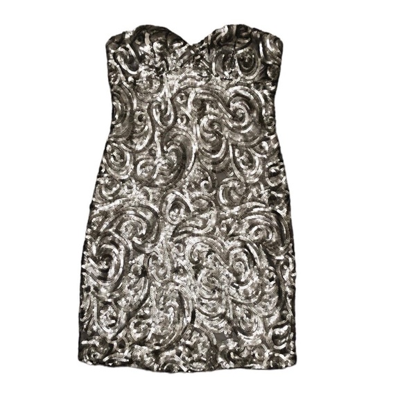 City Studio Bodycon Mini Dress Size 1 XS Pewter Sequin Swirl Strapless Cocktail - Picture 1 of 8